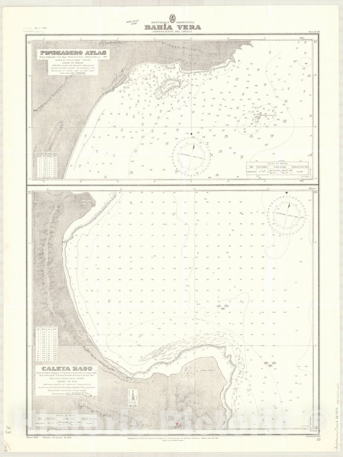 Map : Cabo Raso, Argentina 1929, Republica Argentina, Bahia Vera, Gobernacion del Chubut , Antique Vintage Reproduction