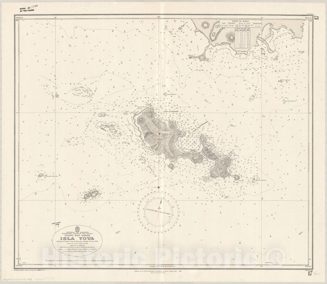 Map : San Jose Bay, Argentina 1945, Republica Argentina, Territorio Nacional del Chubut, Golfo San Jorge, Isla Tova , Antique Vintage Reproduction