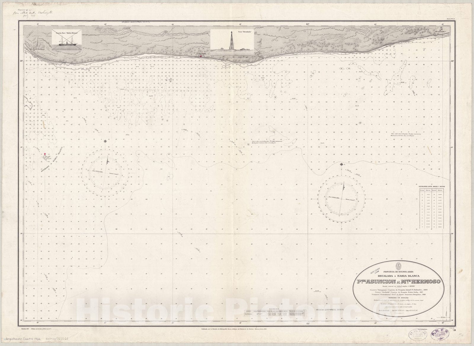 Map : Buenos Aires, Argentina 1922, Provincia de Buenos Aires, Regalada a Bahia Blanca, Pta. Asuncion a Mte. Hermoso , Antique Vintage Reproduction