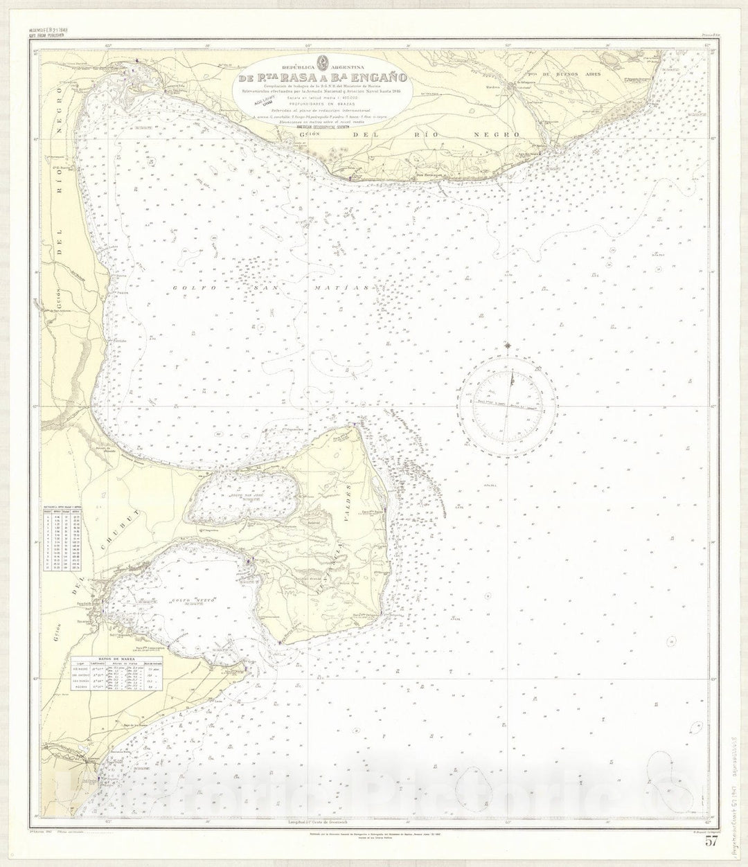 Map : San Antonio, Argentina 1947, Republica Argentina, de Pta. Rasa a Ba. Engano , Antique Vintage Reproduction