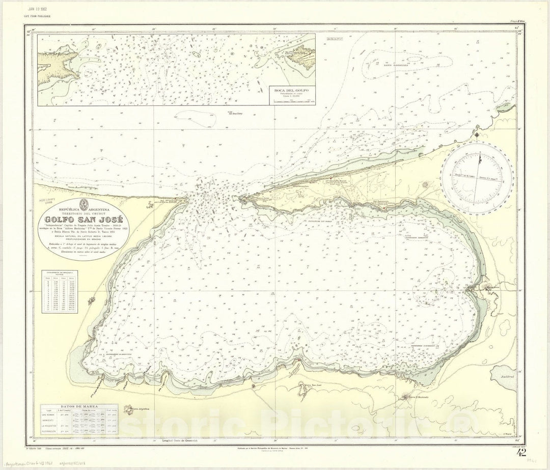 Map : San Jose Bay, Argentina 1961, Republica Argentina, Territorio del Chubut, Golfo San Jose , Antique Vintage Reproduction