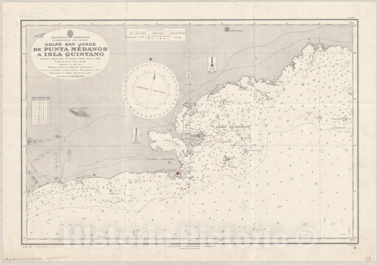 Map : San Jose Bay, Argentina 1927, Republica Argentina, Gobernacion del Chubut, Golfo San Jorge de Punta Medanos a Isla Quintano , Antique Vintage Reproduction