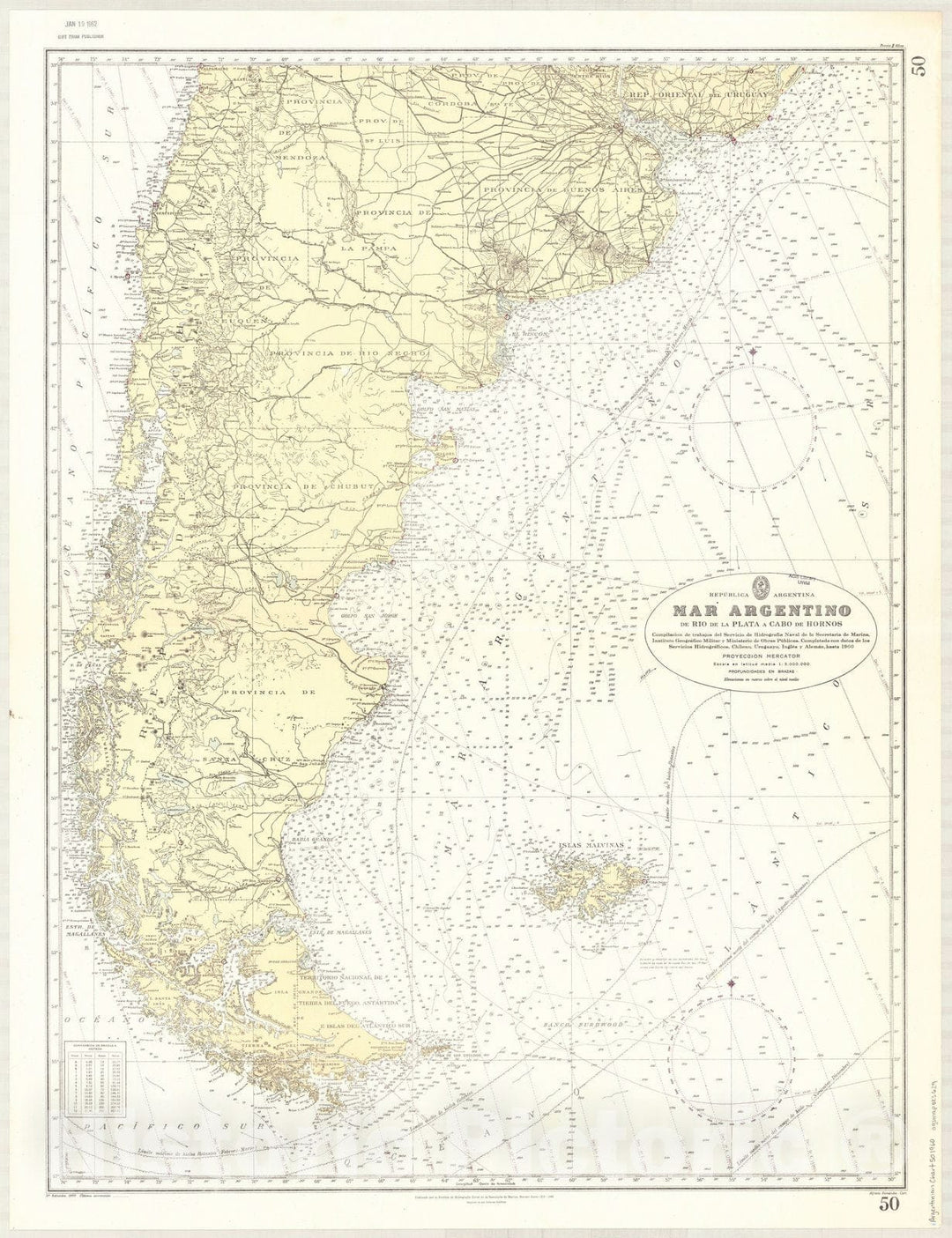 Map : Argentina and Chile coasts 1960, Republica Argentina, Mar Argentino, de Rio de la Plata a Cabo de Hornos , Antique Vintage Reproduction