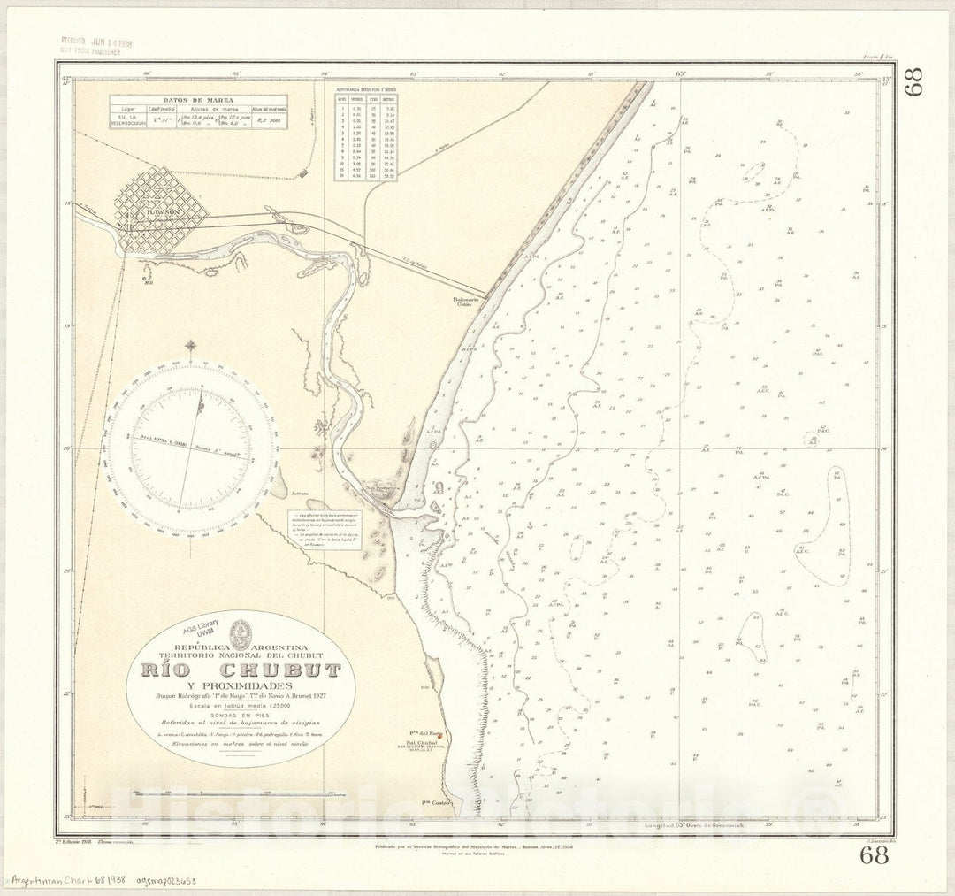 Map : Chubut River, Argentina 1938, Republica Argentina, Territorio Nacional del Chubut, Rio Chubut y proximidades , Antique Vintage Reproduction