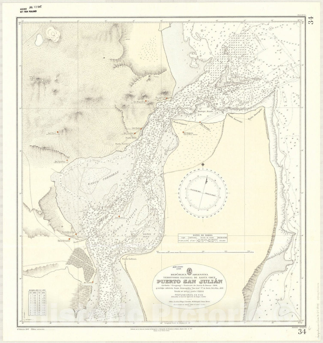 Map : San Julian, Argentina 1945, Republica Argentina, Territoriao Nacional de Santa Cruz, Puerto San Julian , Antique Vintage Reproduction