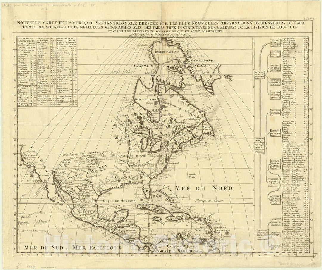 Map : North America 1739, Nouvelle carte de l'Amerique septentrionale, Antique Vintage Reproduction