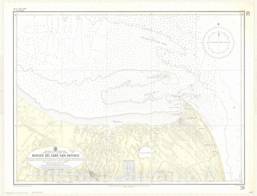 Map : Argentina coast 1947, Republica Argentina, Provincia de Buenos Aires, Bancos del Cabo San Antonio , Antique Vintage Reproduction