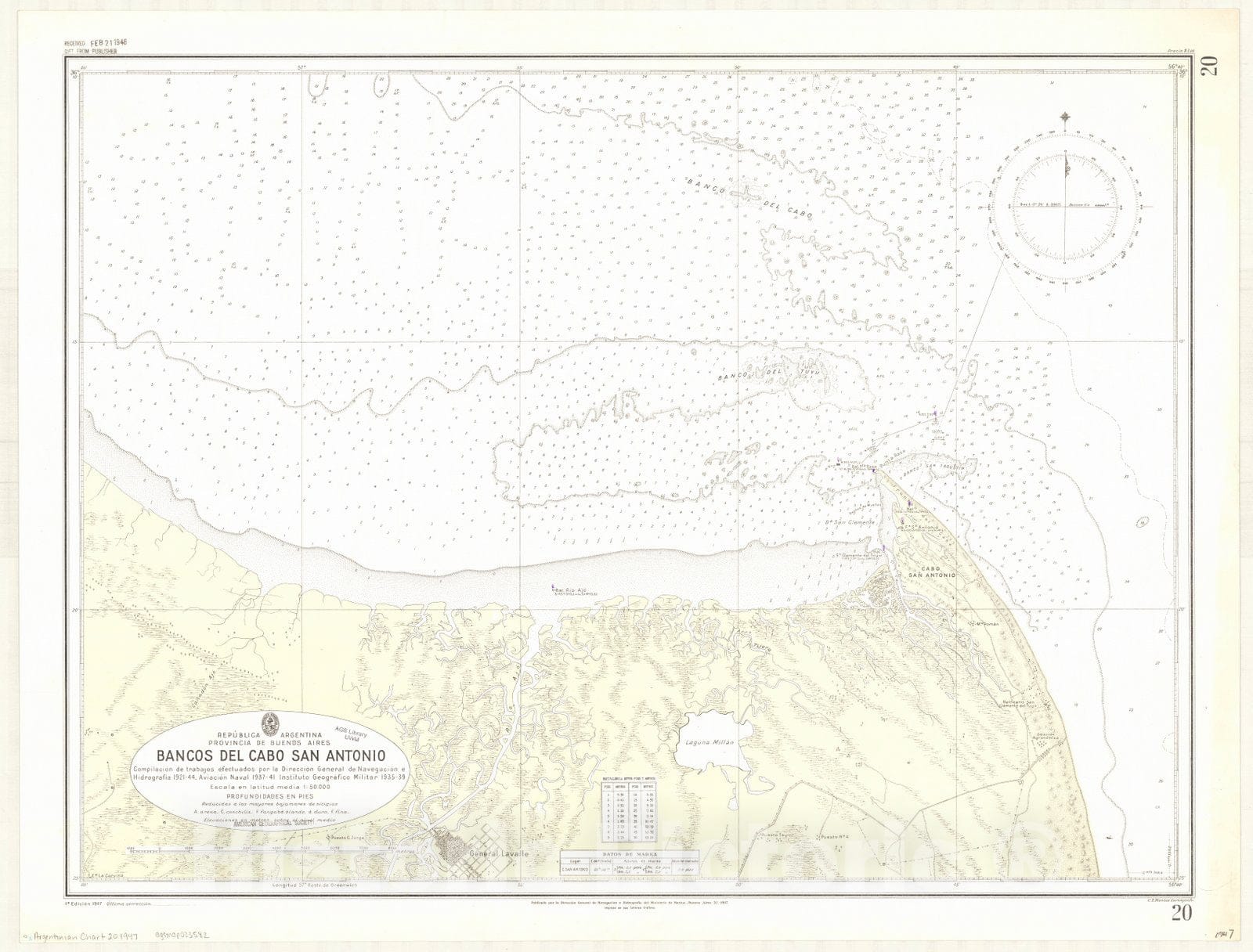 Map : Argentina coast 1947, Republica Argentina, Provincia de Buenos Aires, Bancos del Cabo San Antonio , Antique Vintage Reproduction