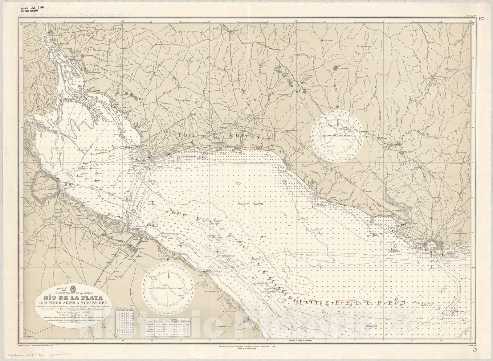 Map : Rio de la Plata, Argentina 1946, R. Argentina, R.O. del Uruguay, Rio de la Plata de Buenos Aires a Montevideo , Antique Vintage Reproduction