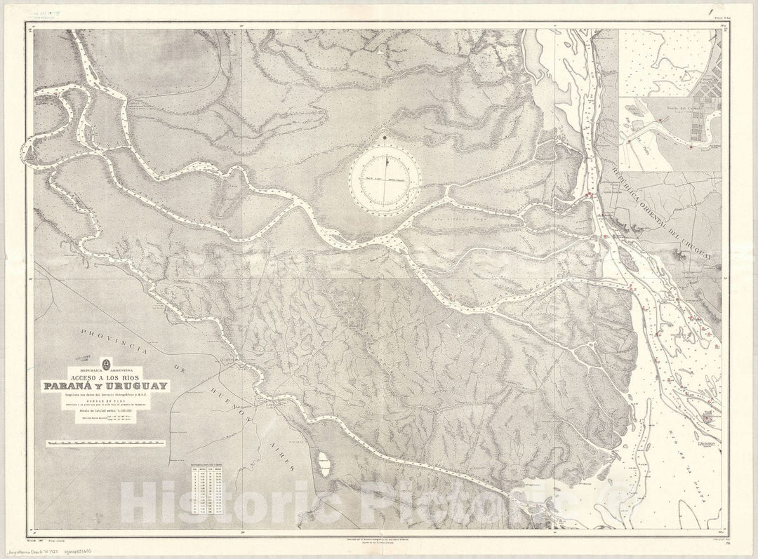 Map : Uruguay River 1927, Republica Argentina, accesso a los Rios Parana y Uruguay , Antique Vintage Reproduction