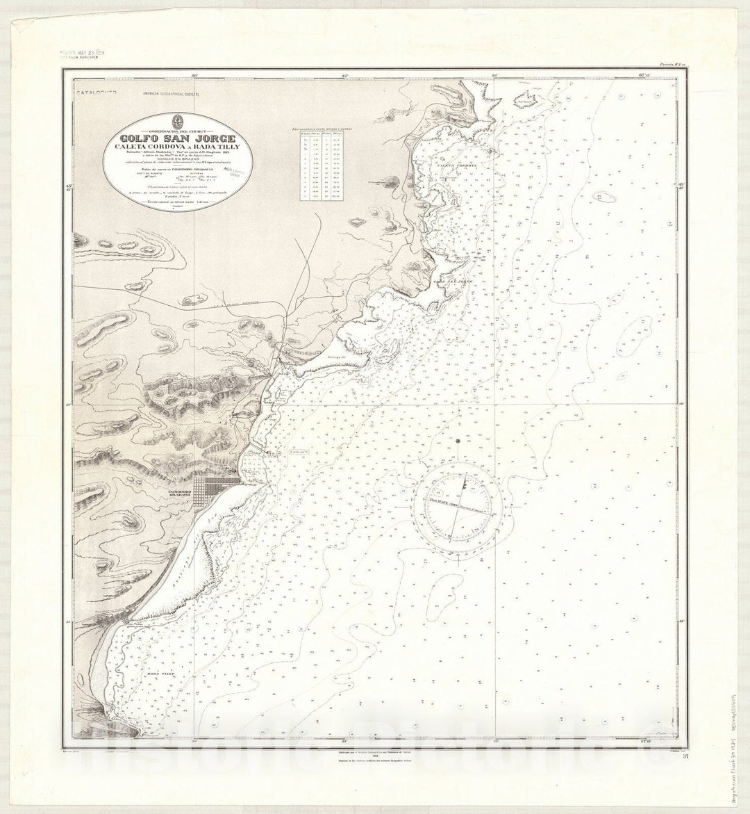 Map : Comodoro Rivadavia, Argentina 1924, Gobernacion del Chubut, Golfo San Jorge, Caleta Cordova a Rada Tilly , Antique Vintage Reproduction