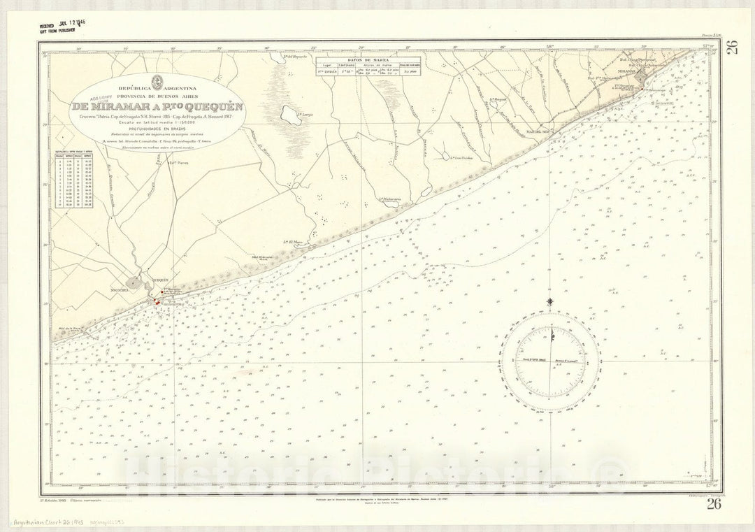 Map : Miramar, Buenos Aires, Argentina 1945, Republica Argentina, Provincia de Buenos Aires, de Miramar a Pto. Quequen , Antique Vintage Reproduction