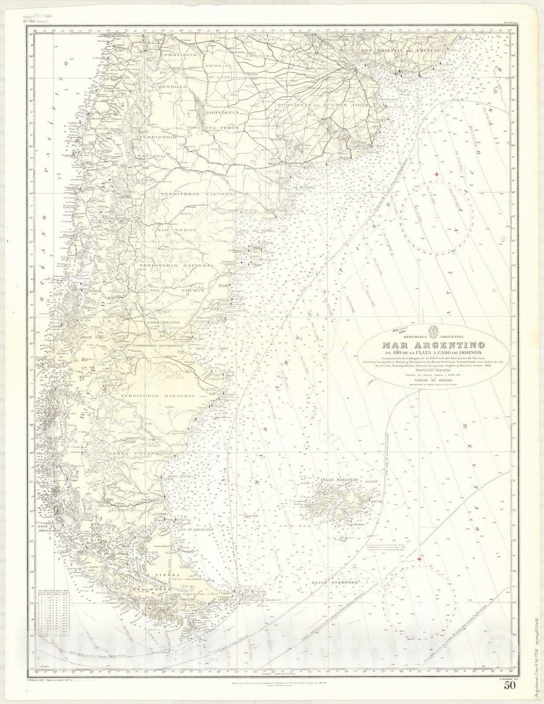 Map : Argentina and Chile coast 1953, Republica Argentina, Mar Argentino, de Rio de la Plata a Cabo de Hornos , Antique Vintage Reproduction