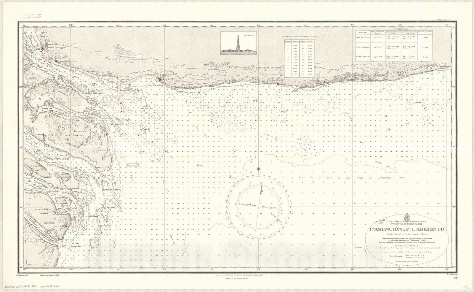 Map : Bahia Blanca, Argentina 1927, Republica Argentina, Provincia de Buenos Aires, Pta. Asuncion a Pta. Laberinto , Antique Vintage Reproduction