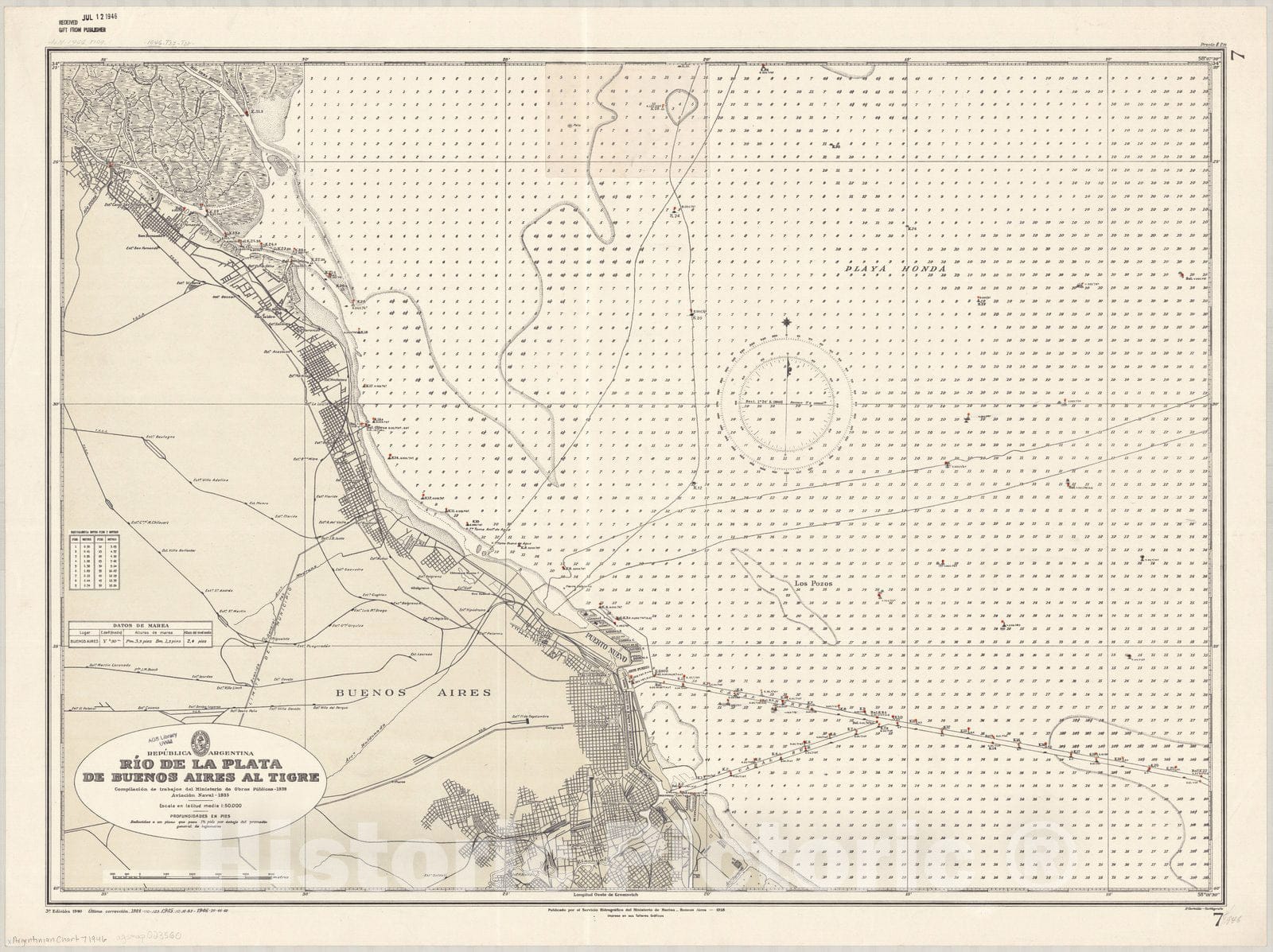 Map : Buenos Aires, Argentina 1946, Republica Argentina, Rio de la Plata de Buenos Aires al Tigre , Antique Vintage Reproduction