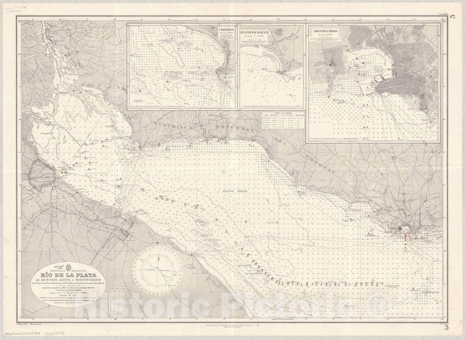 Map : Rio de la Plata, Argentina 1933, Republica Argentina, Rio de la Plata de Buenos Aires a Montevideo , Antique Vintage Reproduction