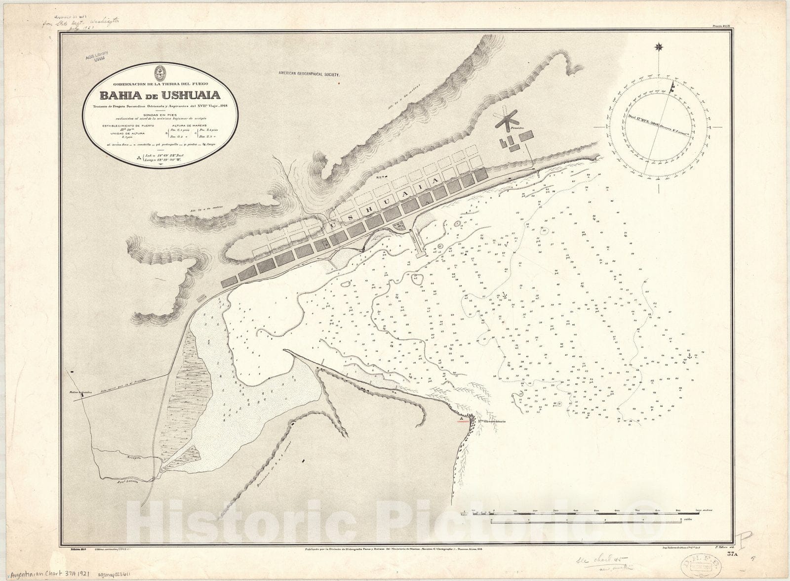 Map : Ushuaia, Argentina 1921, Gobernacion de la Tierra del Fuego, Bahia de Ushuaia , Antique Vintage Reproduction