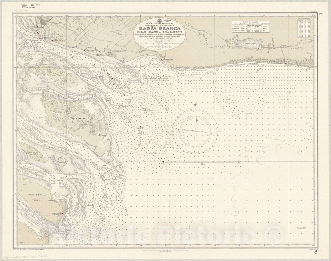 Map : Buenos Aires, Argentina 1946, Republica Argentina, Provincia de Buenos Aires, Bahia Blanca, de Faro Recalada a Punta Laberinto , Antique Vintage Reproduction