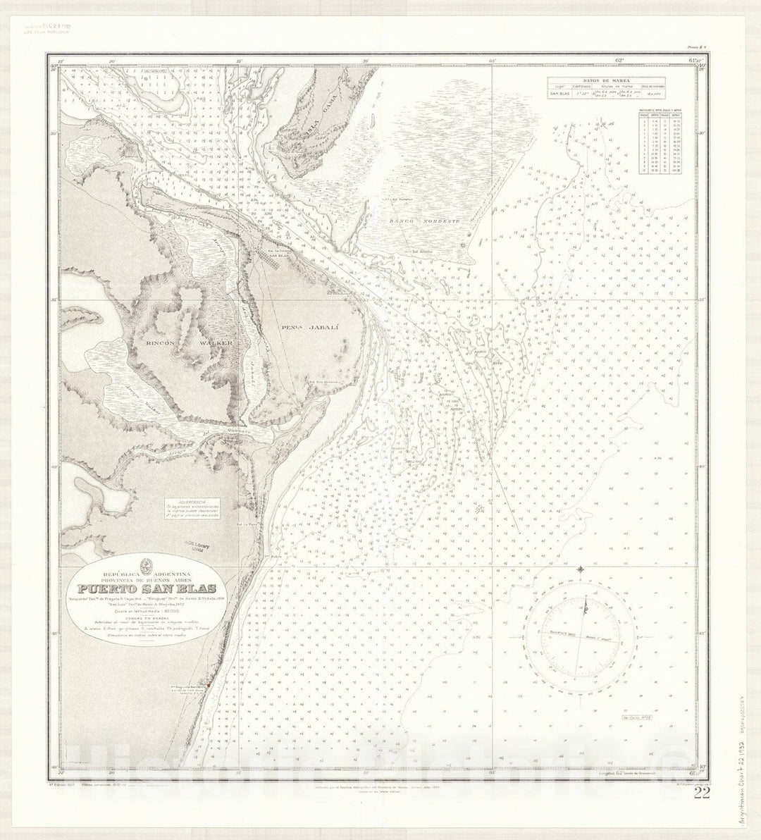 Map : Bahia San Blas, Argentina 1932, Republica Argentina, Provincia de Buenos Aires, Puerto San Blas , Antique Vintage Reproduction