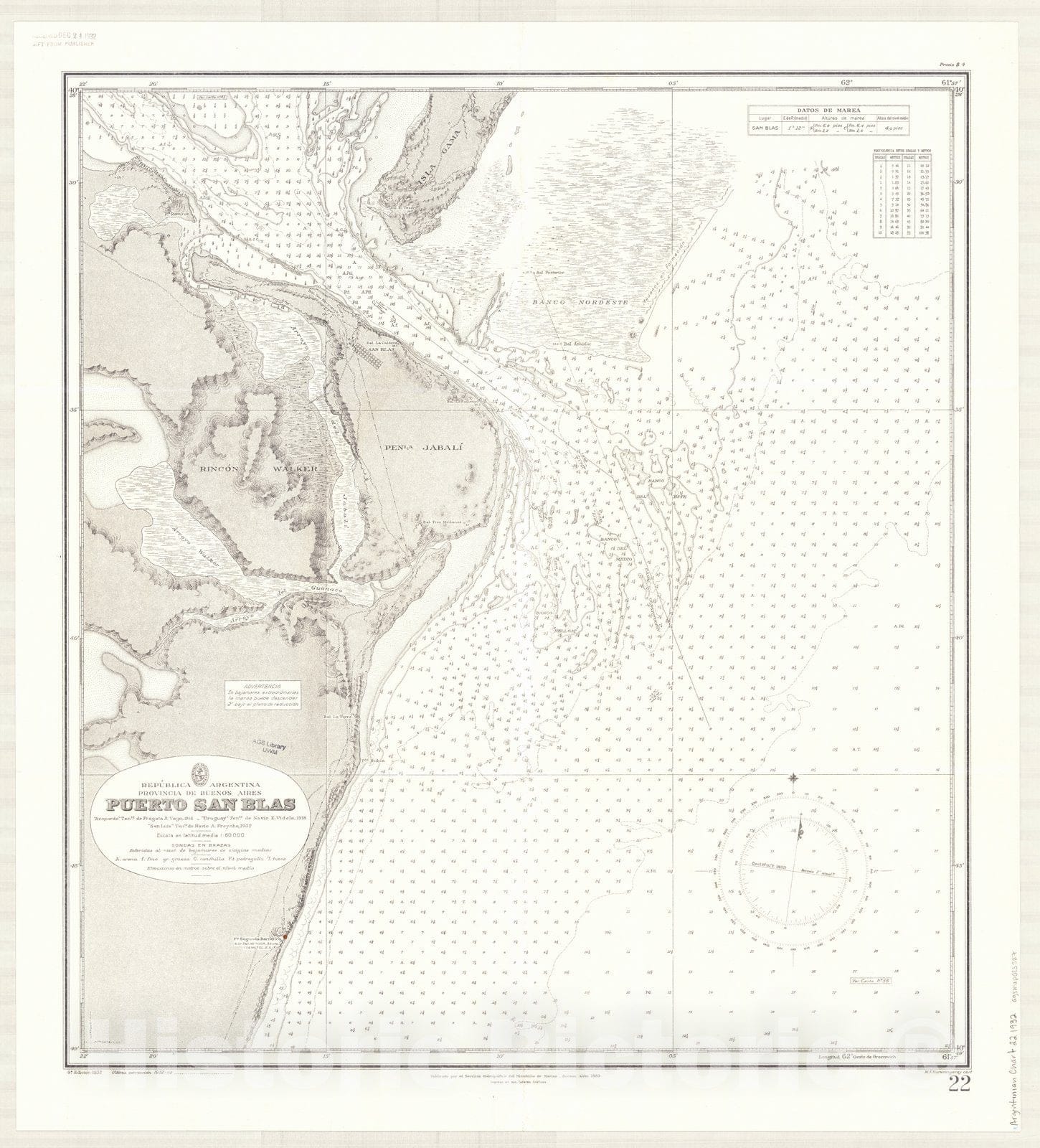 Map : Bahia San Blas, Argentina 1932, Republica Argentina, Provincia de Buenos Aires, Puerto San Blas , Antique Vintage Reproduction