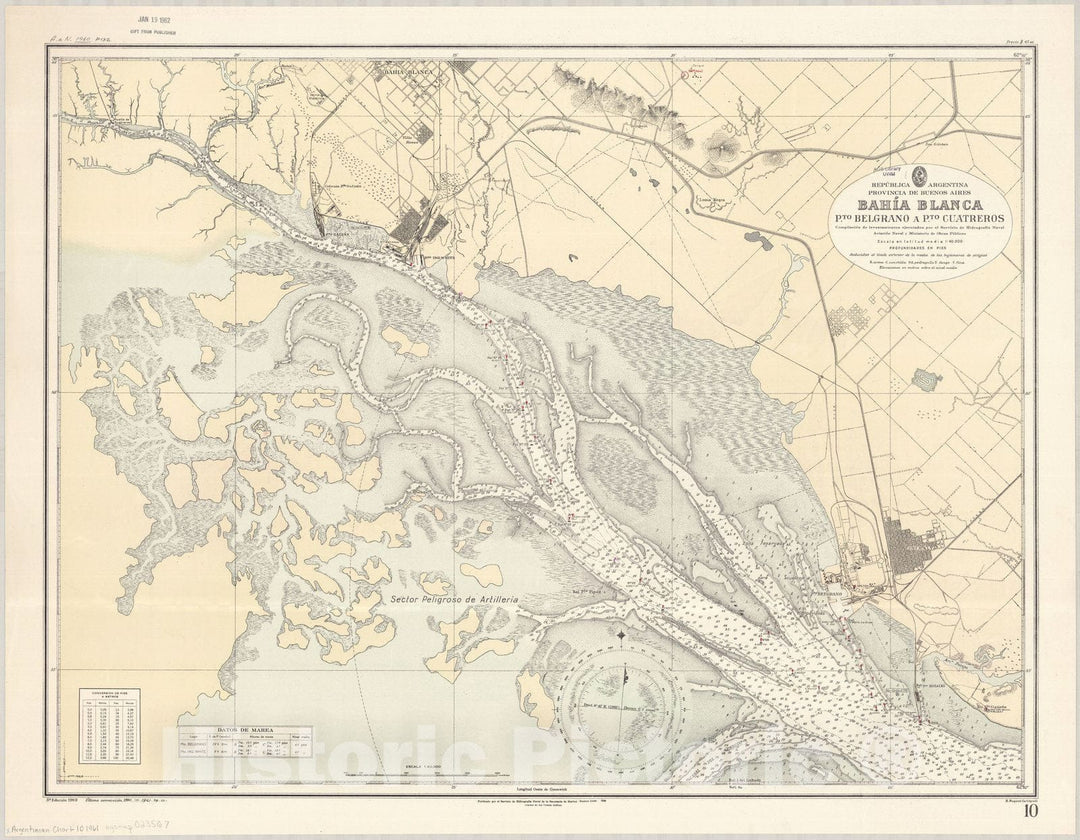 Map : Buenos Aires, Argentina 1961, Republica Argentina, Provincia de Buenos Aires, Bahia Blanca, Pto. Belgrano a Pto. Cuatreros , Antique Vintage Reproduction