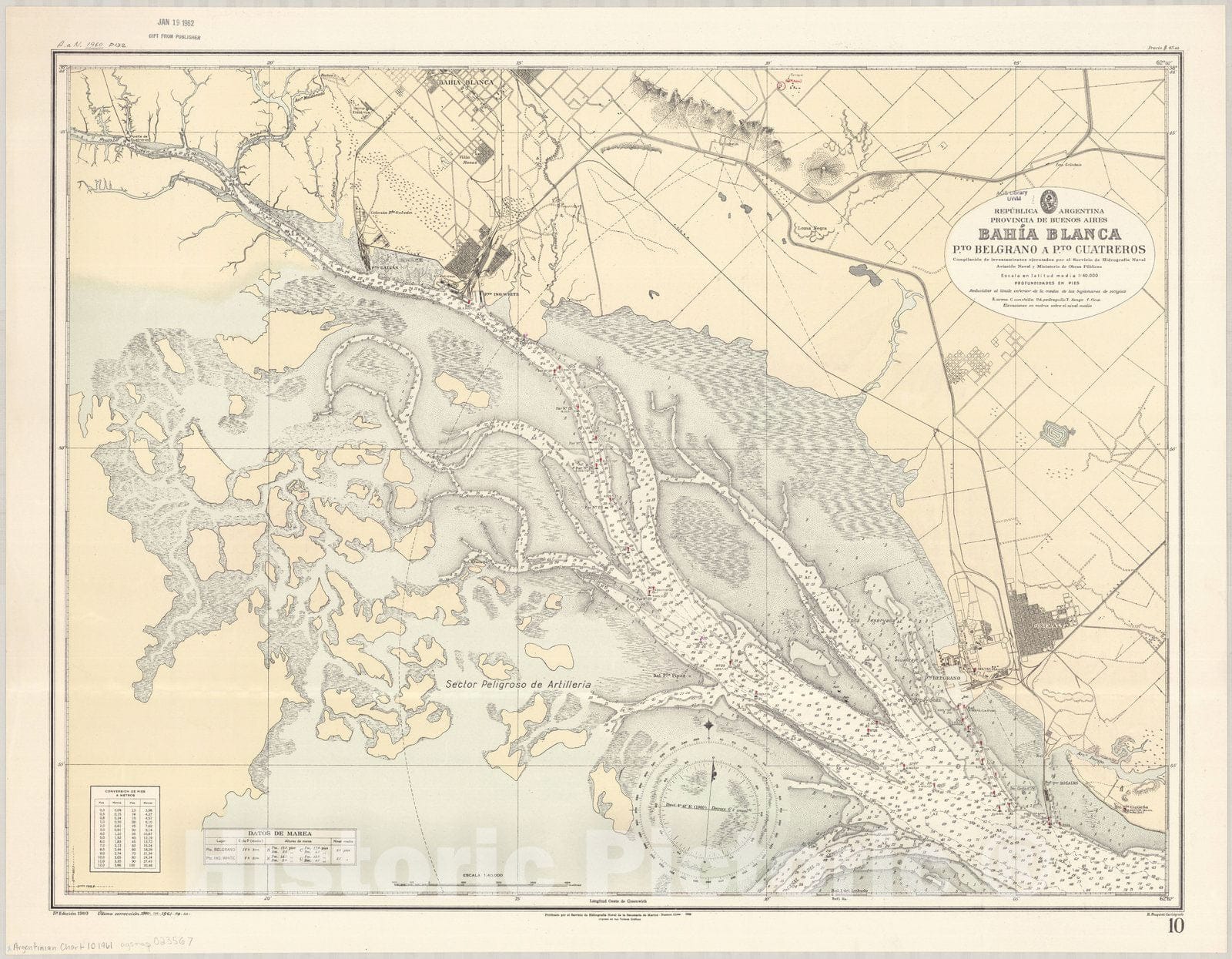 Map : Buenos Aires, Argentina 1961, Republica Argentina, Provincia de Buenos Aires, Bahia Blanca, Pto. Belgrano a Pto. Cuatreros , Antique Vintage Reproduction