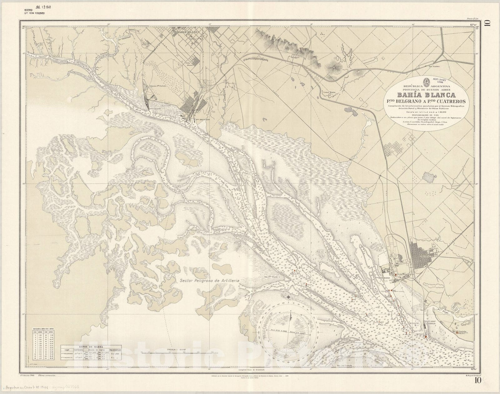 Map : Buenos Aires, Argentina 1944, Republica Argentina, Provincia de Buenos Aires, Bahia Blanca, Pto. Belgrano a Pto. Cuatreros , Antique Vintage Reproduction