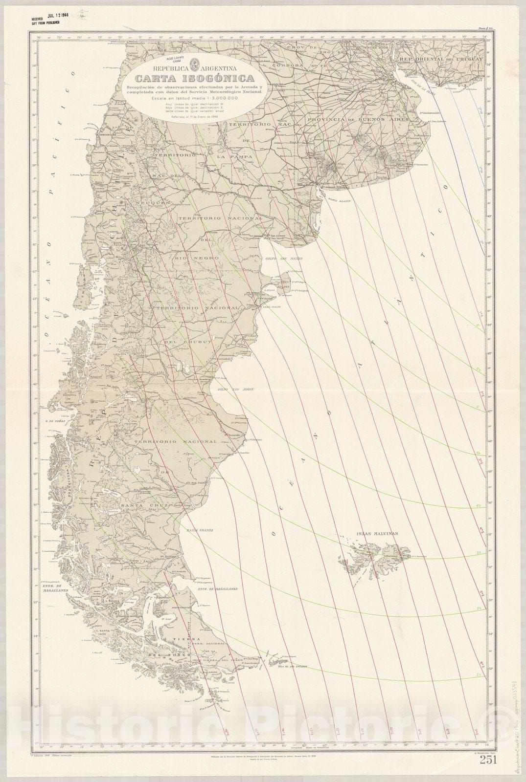 Map : Argentina 1946, Republica Argentina, carta isogonica , Antique Vintage Reproduction