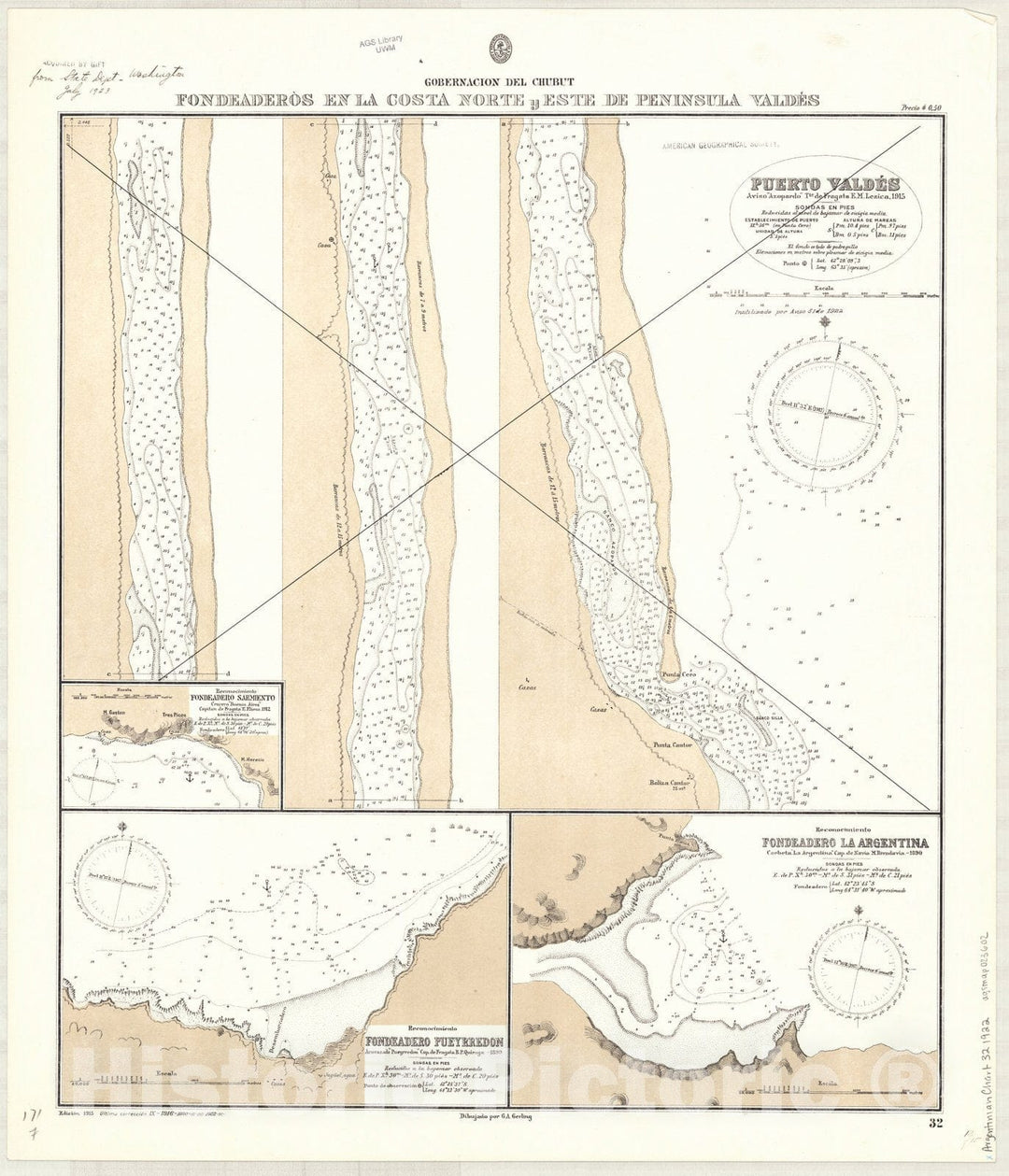 Map : Valdes Peninsula, Argentina 1922, Gobernacion del Chubut, fondeaderos en la costa norte y este de Peninsula Valdes , Antique Vintage Reproduction