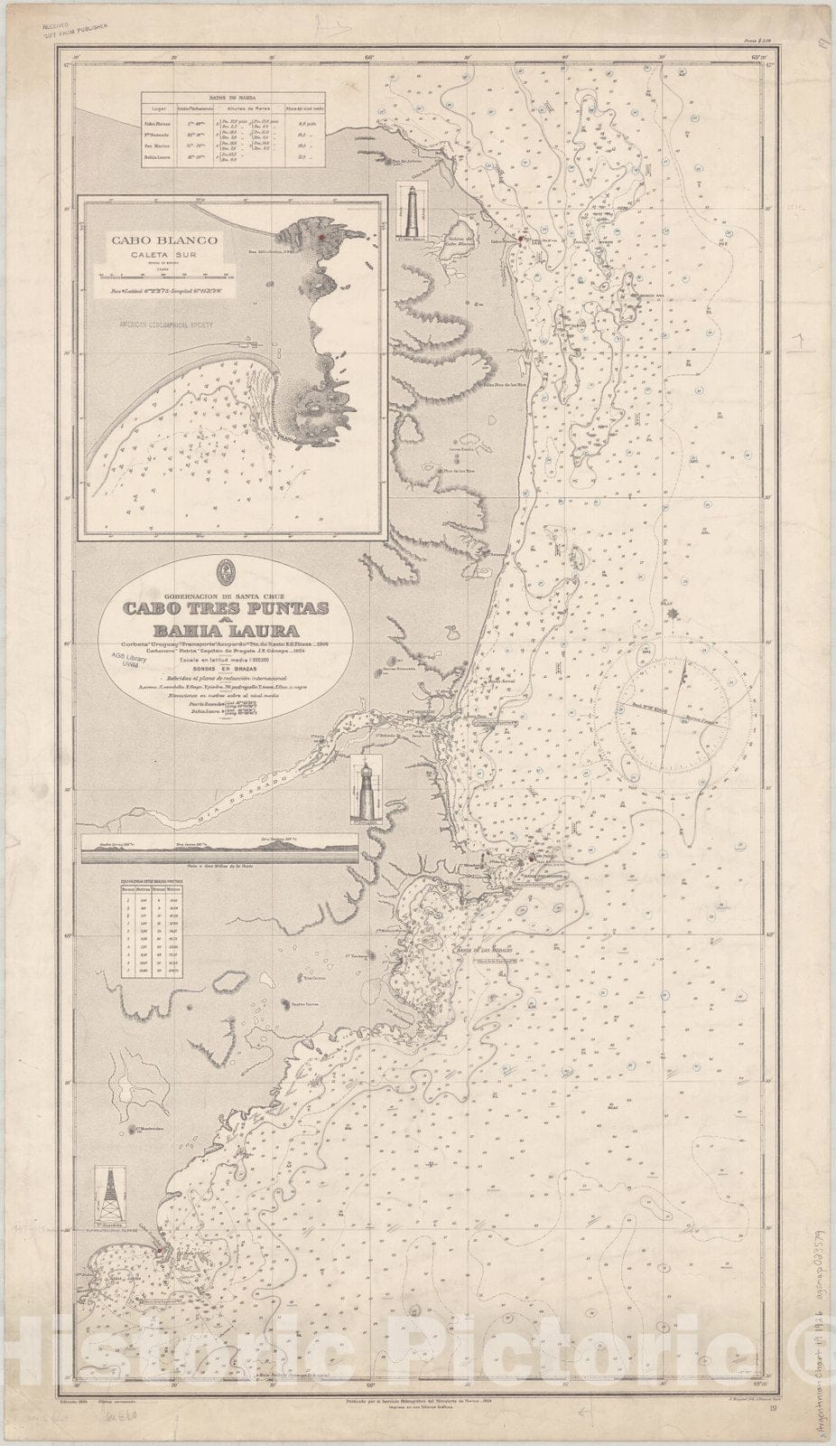 Map : Puerto Deseado, Argentina 1926, Gobernacion de Santa Cruz, Cabo Tres Puntas a Bahia Laura , Antique Vintage Reproduction