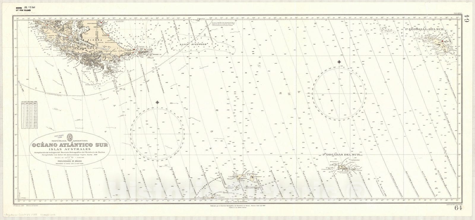 Map : Tierra del Fuego 1939, Republica Argentina, Oceano Atlantico Sur, Islas Australes , Antique Vintage Reproduction