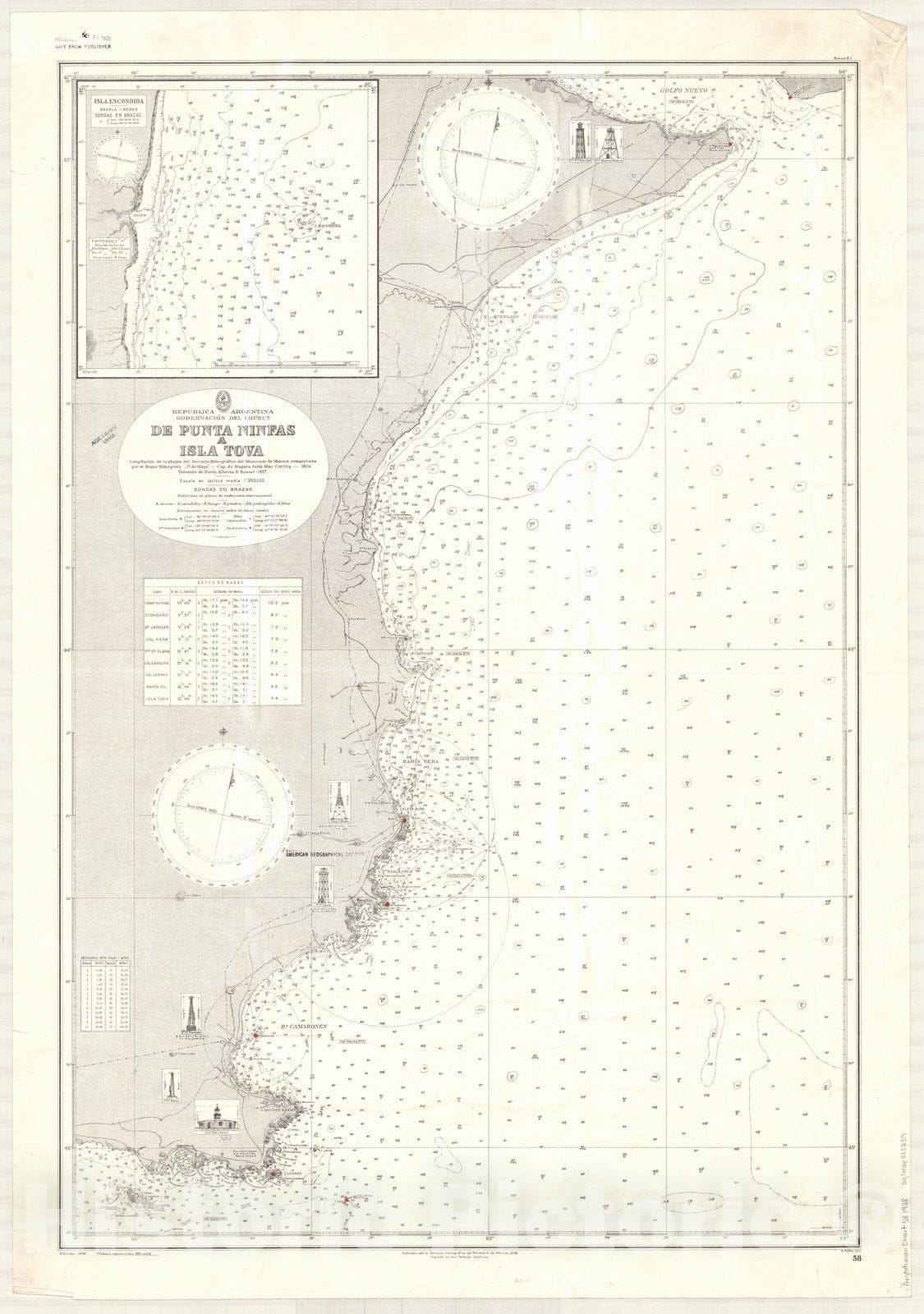 Map : Chubut, Argentina 1928, Republica Argentina, Gobernacion del Chubut, de Punta Ninfas a Isla Tova , Antique Vintage Reproduction