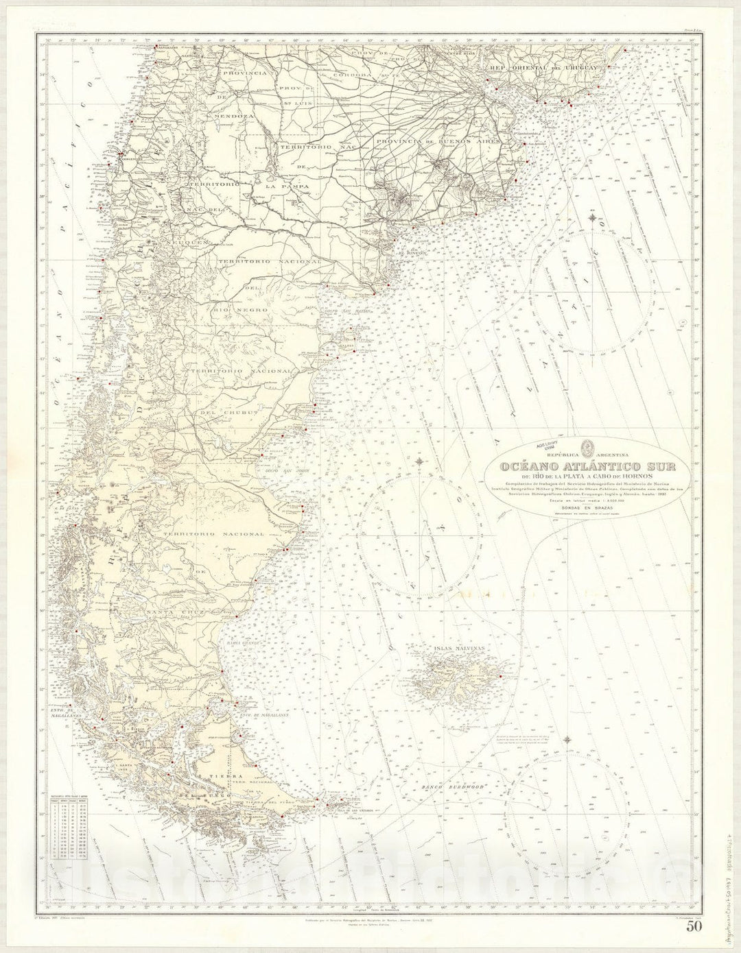 Map : Argentina and Chile coast 1937, Republica Argentina, Oceano Atlantico Sur, de Rio de la Plata a Cabo de Hornos , Antique Vintage Reproduction