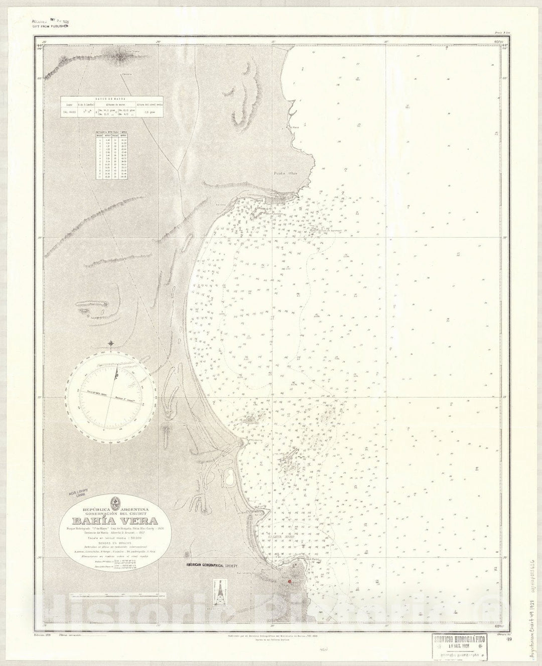 Map : Bahia Vera, Argentina 1928, Republica Argentina, Gobernacion del Chubut, Bahia Vera , Antique Vintage Reproduction