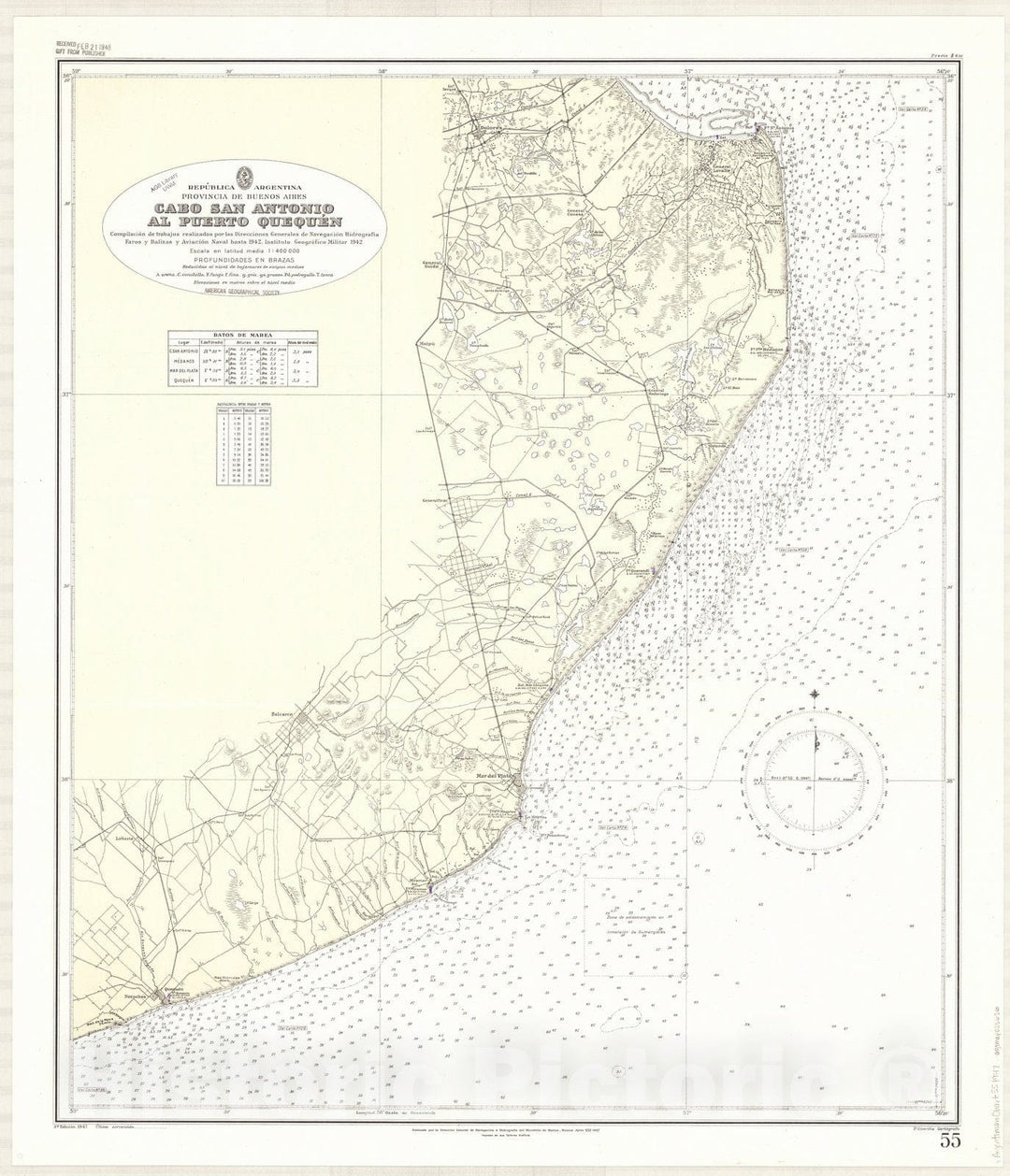 Map : Quequen, Argentina 1947, Republica Argentina, Provincia de Buenos Aires, Cabo San Antonio al Puerto Quequen , Antique Vintage Reproduction