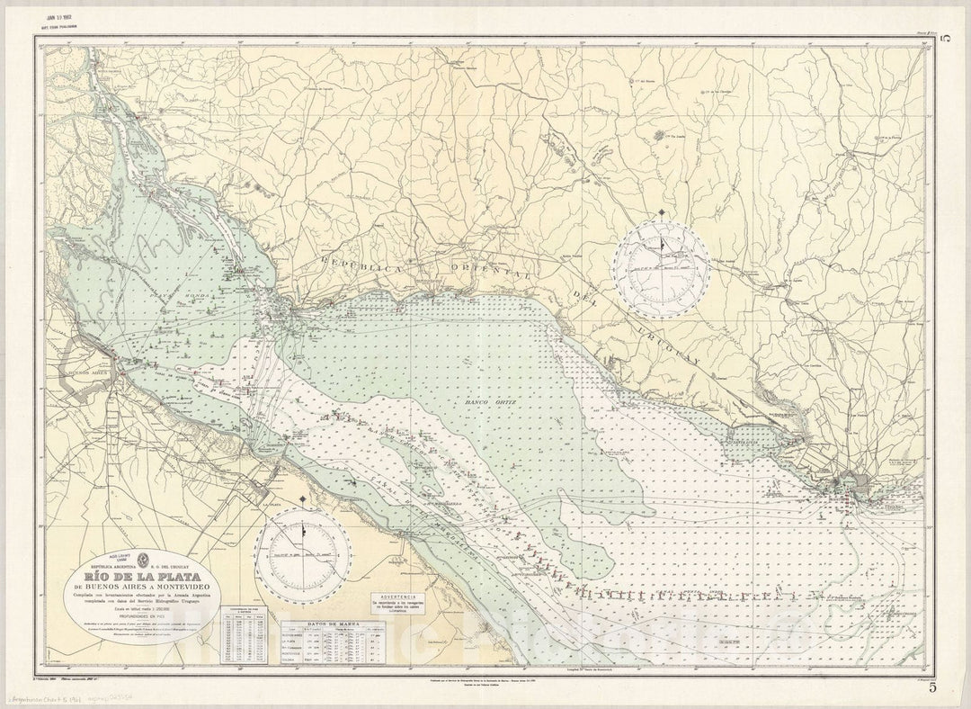 Map : Rio de la Plata, Argentina 1961, Republica Argentina, R.O. del Uruguay, Rio de la Plata de Buenos Aires a Montevideo , Antique Vintage Reproduction