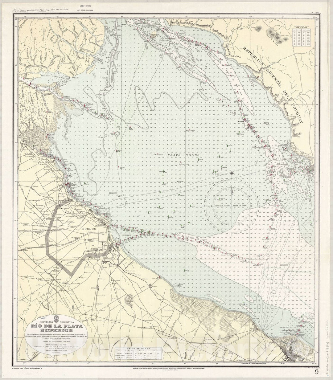 Map : Rio de la Plata, Argentina 1961, Republica Argentina, Rio de la Plata Superior , Antique Vintage Reproduction