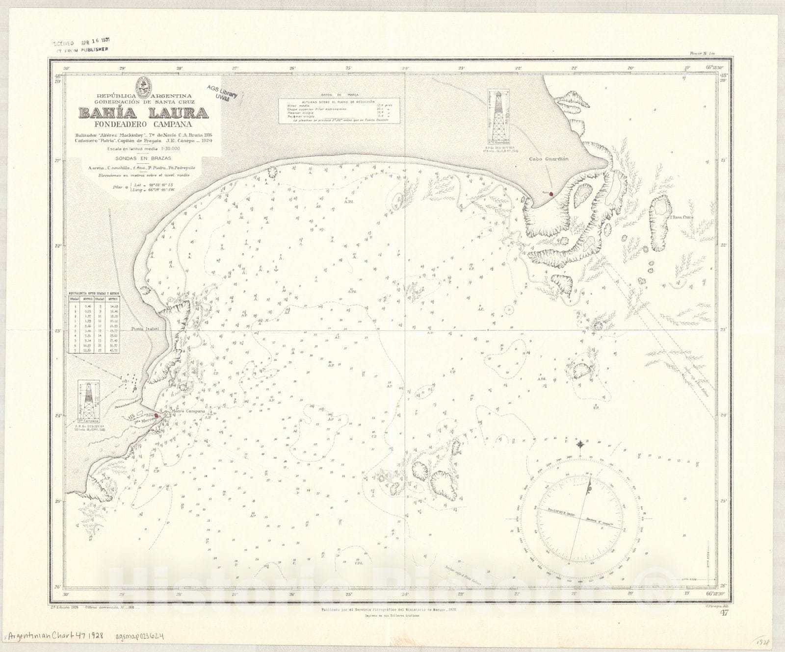 Map : Bahia Laura, Argentina 1928, Republica Argentina, Gobernacion de Santa Cruz, Bahia Laura, fondeadero Campana , Antique Vintage Reproduction