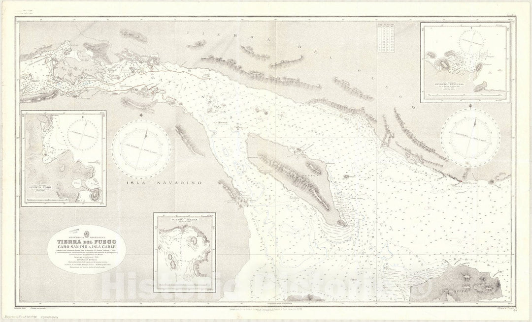 Map : Tierra del Fuego, Argentina 1930, Republica argentina, Tierra del Fuego, Cabo San Pio a Isla Gable , Antique Vintage Reproduction