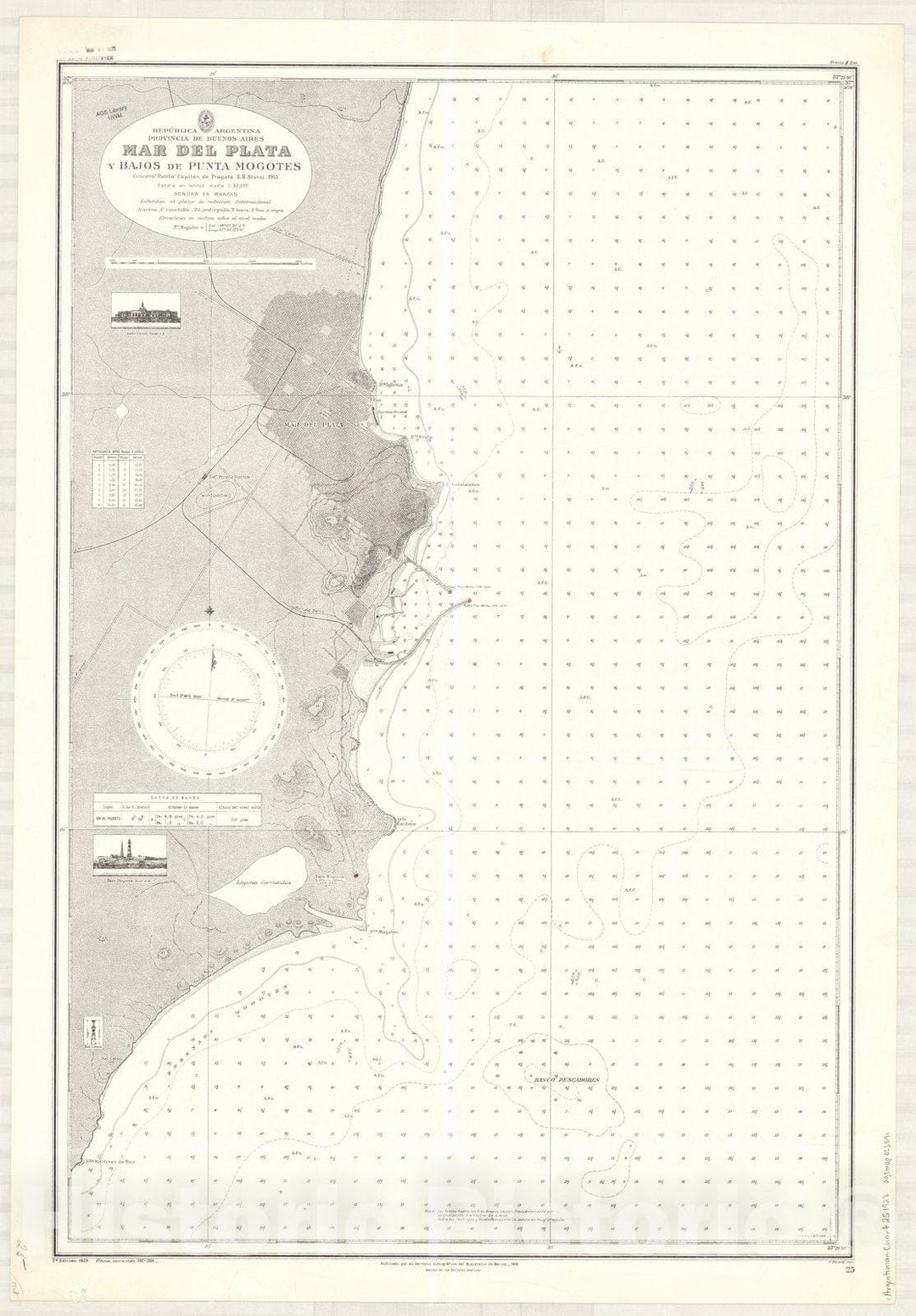 Map : Mar del Plata, Argentina 1928, Republica Argentina, Provincia de Buenos Aires, Mar del Plata y Bajos de Punta Mogotes , Antique Vintage Reproduction