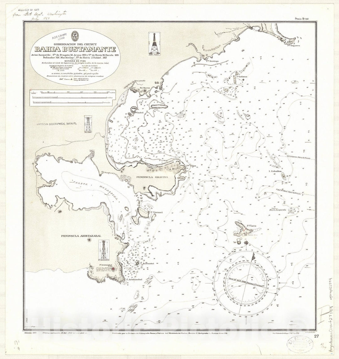 Map : Bahia Bustamante, Argentina 1919, Gobernacion del Chubut, Bahia Bustamante , Antique Vintage Reproduction