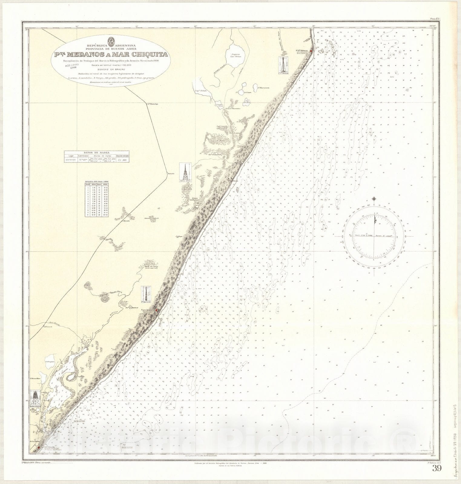 Map : Pinamar, Argentina 1938, Republica Argentina, Provincia de Buenos Aires, Pta. Medanos a Mar Chiquita , Antique Vintage Reproduction