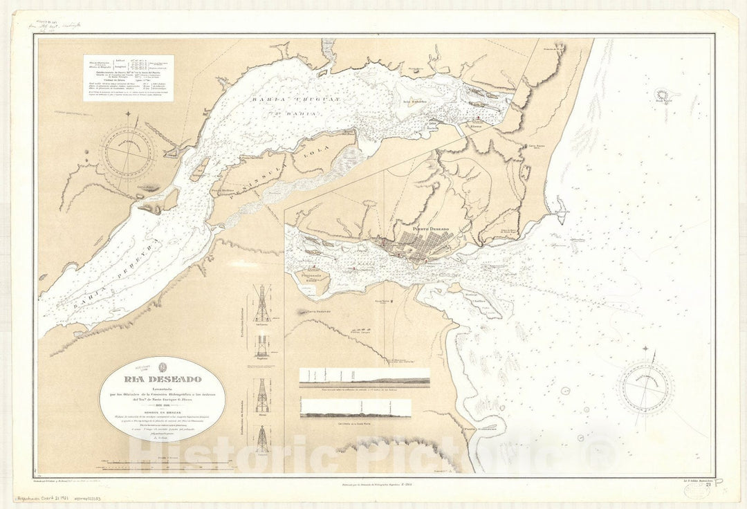 Map : Deseado River, Argentina 1921, Ria Deseado , Antique Vintage Reproduction