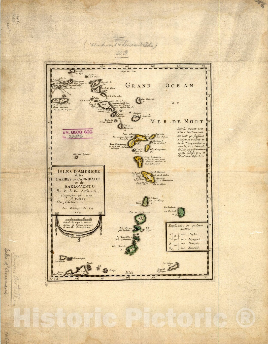 Map : Leeward Islands Caribbean 1664, Isles d'Amerique dites Caribes ou Cannibales et de Barlovento , Antique Vintage Reproduction