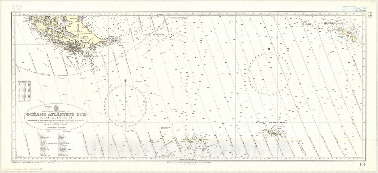 Map : Tierre del Fuego 1964, Republica Argentina, Oceano Atlantico Sur, Islas Australes , Antique Vintage Reproduction