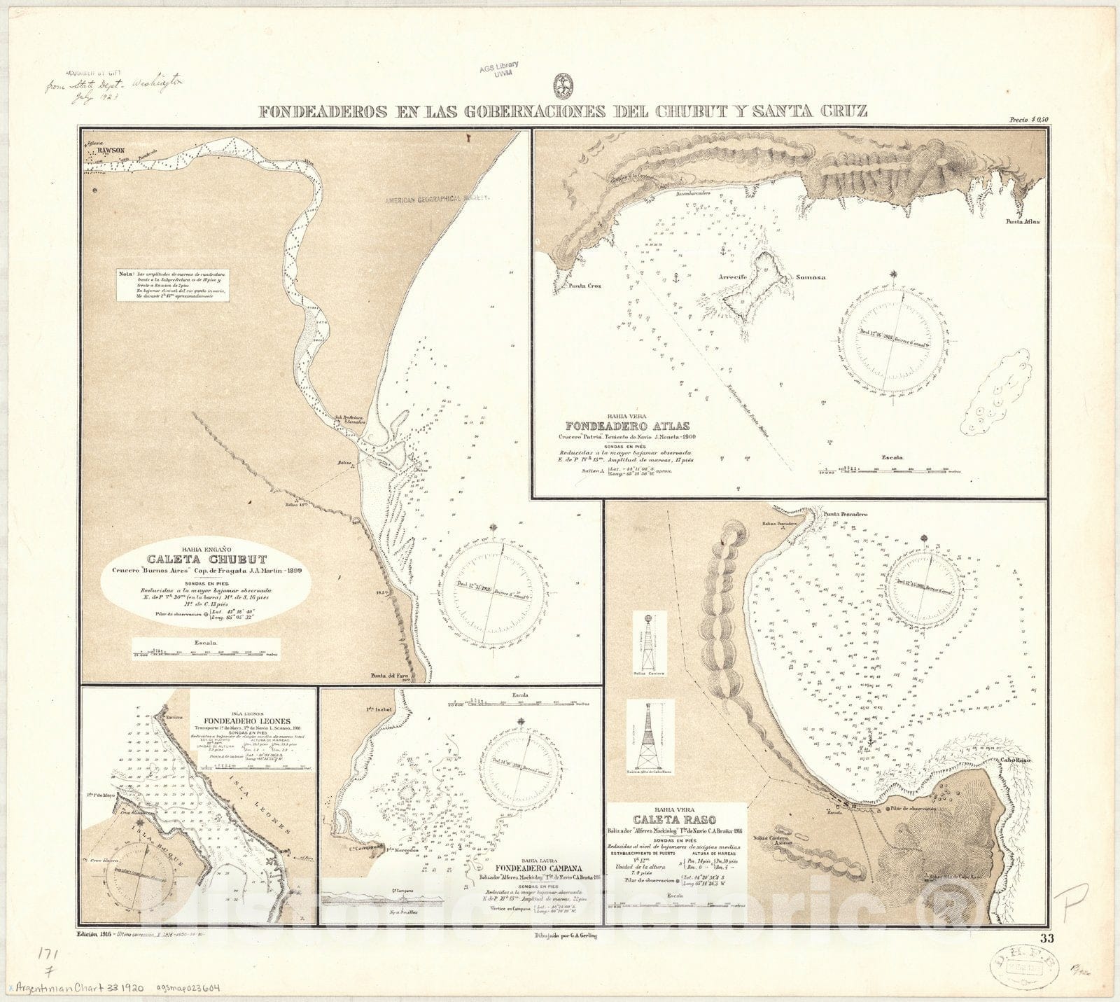 Map : Santa Cruz, Argentina 1920, Fondeaderos en las Gobernaciones del Chubut y Santa Cruz , Antique Vintage Reproduction