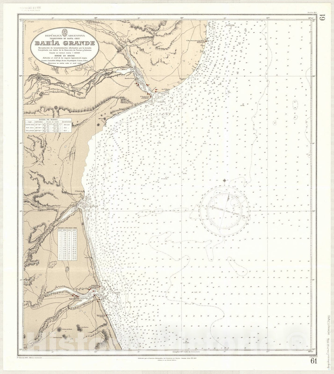 Map : Puerto Santa Cruz, Argentina 1936, Republica Argentina, Territorio de Santa Cruz, Bahia Grande , Antique Vintage Reproduction