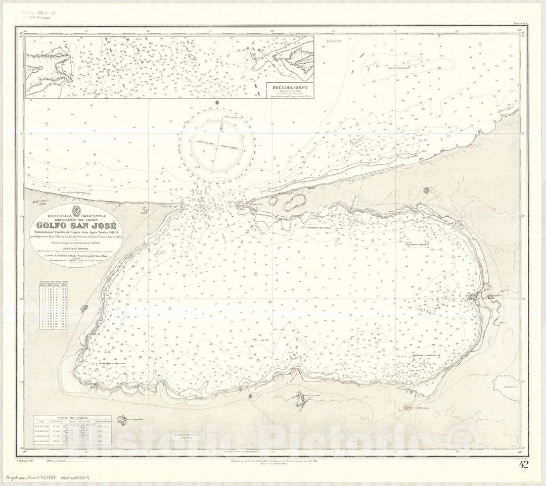 Map : San Jose Bay, Argentina 1933, Republica Argentina, Gobernacion del Chubut, Golfo San Jose , Antique Vintage Reproduction