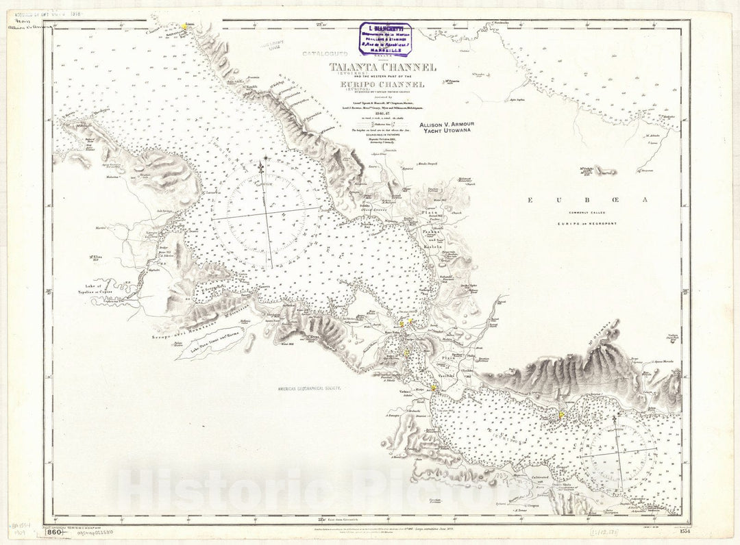 Map : Atalante Channel, Greece 1909, Greece, Talanta (Evoikos) Channel and the western part of the Euripo (Evripos) Channel , Antique Vintage Reproduction