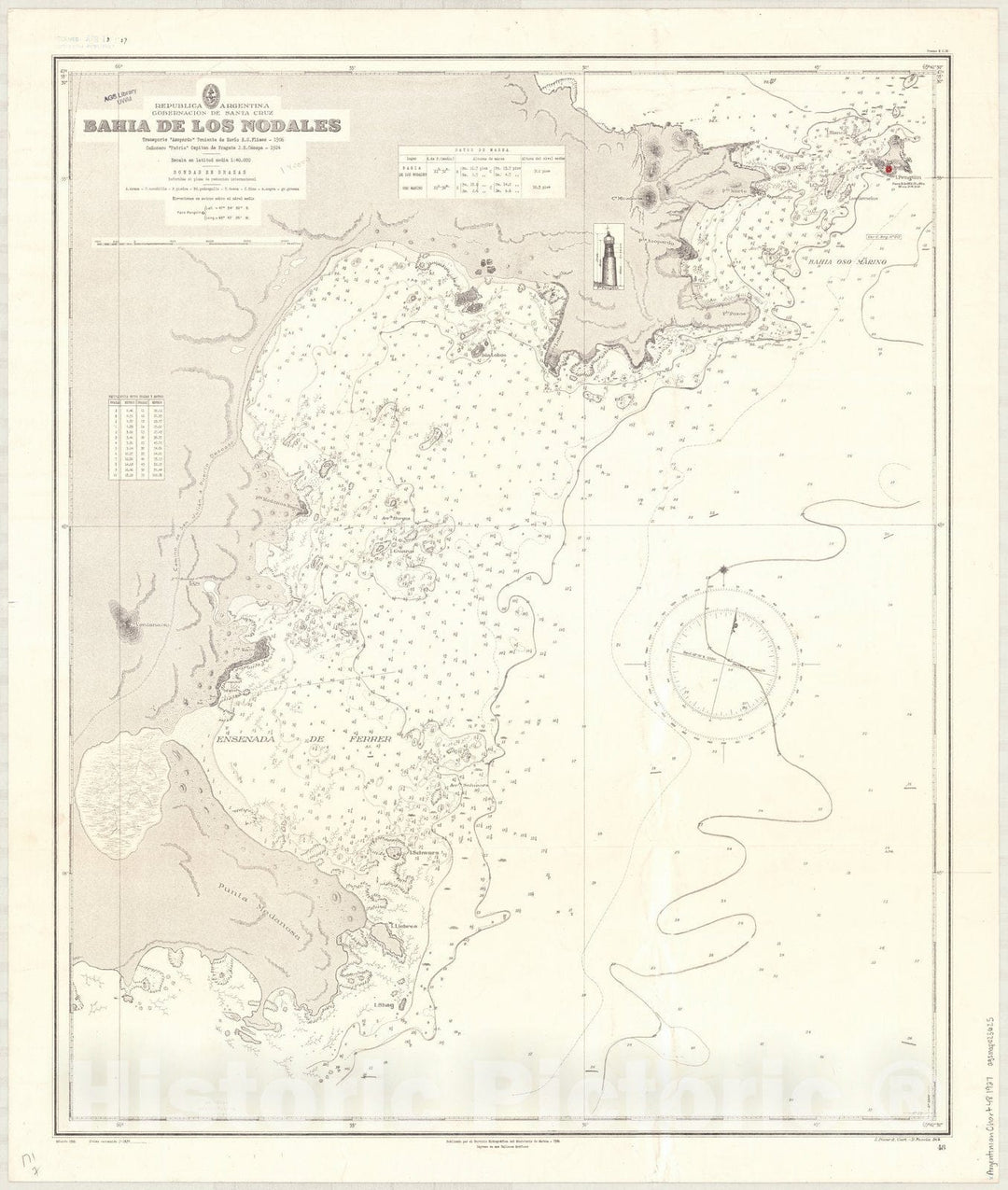 Map : Bahia de los Nodales, Argentina 1927, Republica Argentina, Gobernacion de Santa Cruz, Bahia de los Nodales , Antique Vintage Reproduction